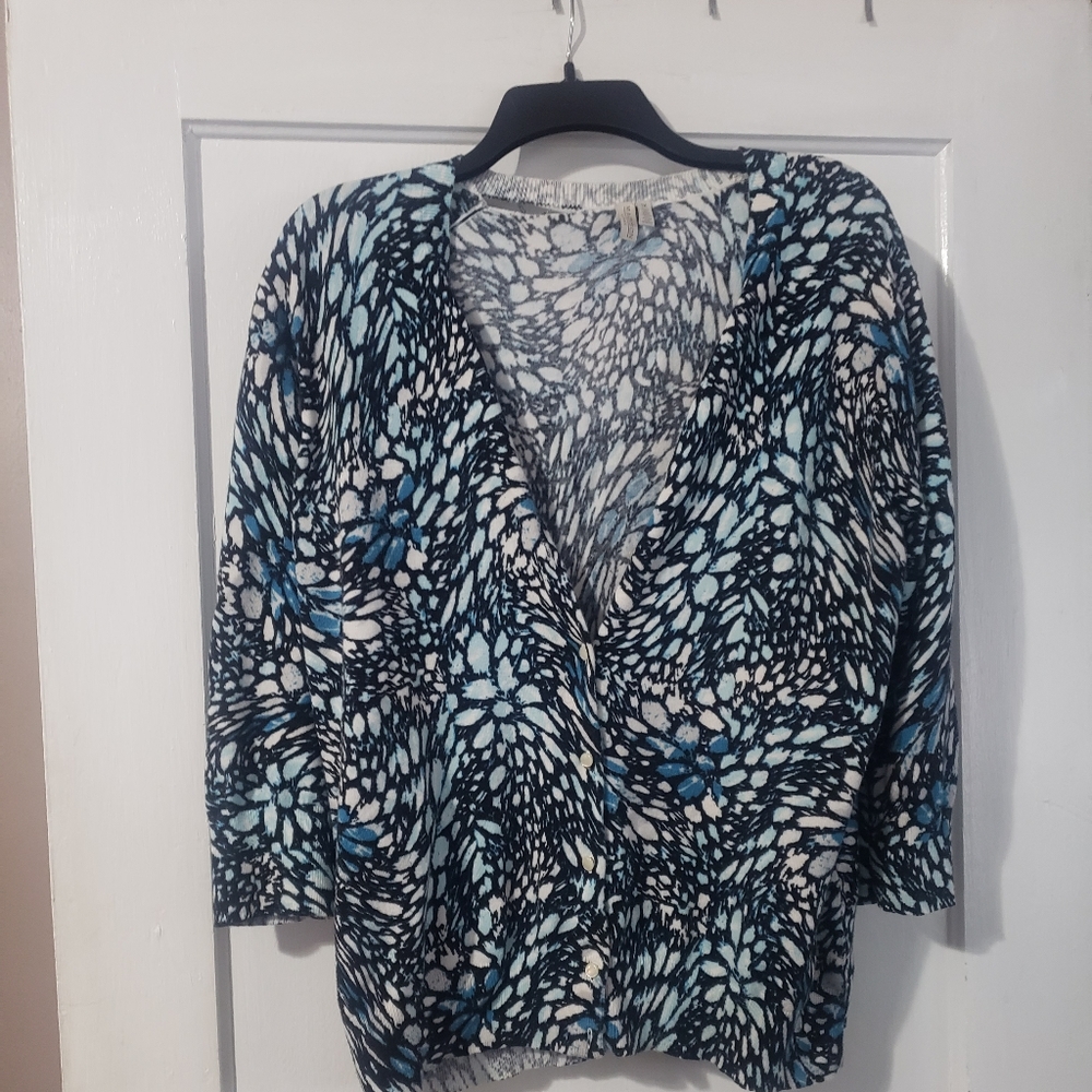 Madison Cardigan Sweater, Blue, White and Black, Size 1X
